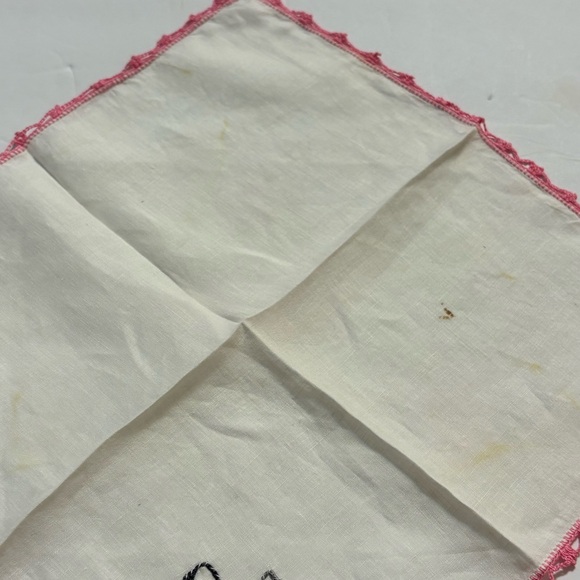 Pink Black Crocheted Butterfly Vintage Ladies Handkerchief 12”x12” - Picture 10 of 11